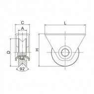 Roata culisanta cu un rulment, D58 mm, 17 x 28 x 64 mm, max. 100 kg, suport exterior, profil V, Rocast