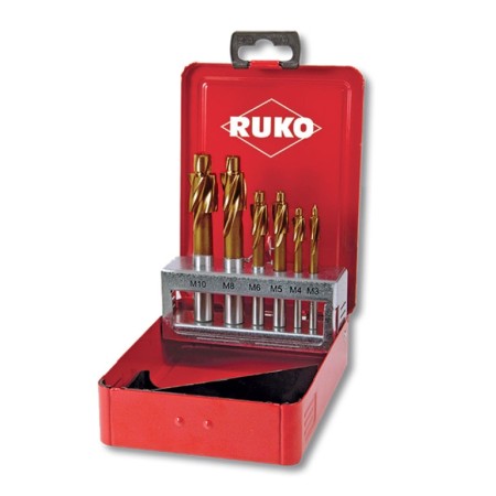 Set de 6 adancitoare pentru gauri centrate M3, M4, M5, M6, M8, M10, HSSE-Co5 cu ghidaj fix DIN 373, Caseta din plastic, RUKO