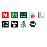 Tarod bit Hex Drive HSS-E, DIN 376, forma C/15° RSP, L 110 mm, Ø 9 mm, filet M12 x 1.75 mm, pentru gauri infundate, Volkel