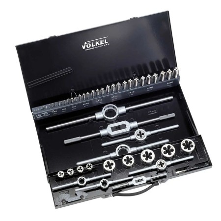 Trusa filetare cu tarozi de mana si filiere, HSS-G, 52 piese, filet pe stanga, gaurire strapunsa si infundata, Volkel