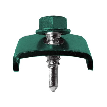 Clema 25 x 20 mm cu surub M6 6.3 x 25 mm, pentru panouri gard, finisaj verde, RAL 6005, 20 buc/cutie, Rocast