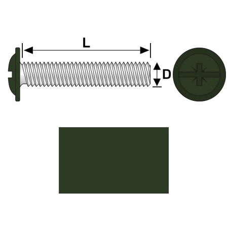 Surub M4, lungime 25 mm, cap bombat, locas cruciform combi Z, otel RAL 6020 Verde Crom, 100 buc./cutie