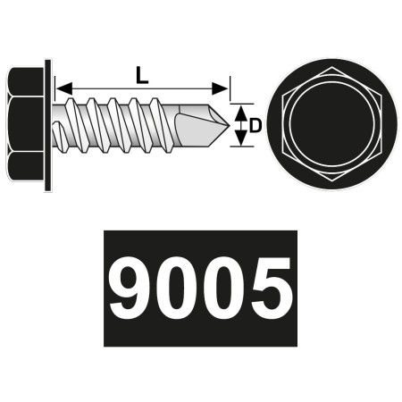 Surub autoforant 4.8 x 25 mm, cap HEX, forma K, DIN 7504, otel RAL 9005 negru intens, 250 buc./cutie