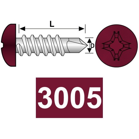 Surub autoforant 4.2 x 19 mm, cap bombat, forma N, DIN 7504, otel RAL 3005 rosu visiniu, 100 buc./cutie