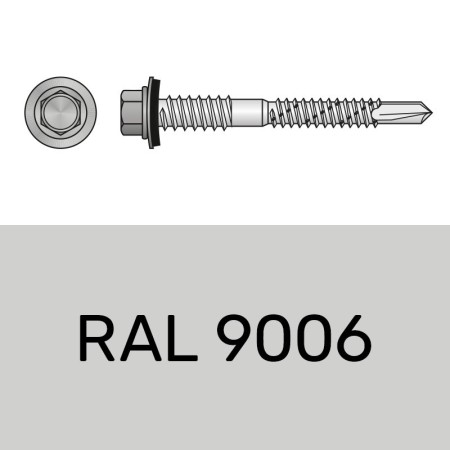 Surub autoforant 5.5 x 60 mm, otel RAL 9006 aluminiu, saiba EPDM Ø 16 mm, 100 buc./cutie