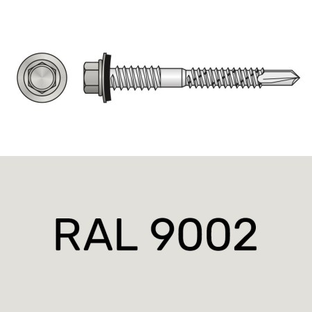 Surub autoforant 6.3 x 110 mm, filet 50 mm, otel RAL 9002 alb galbui, saiba EPDM Ø 16 mm, 100 buc./cutie