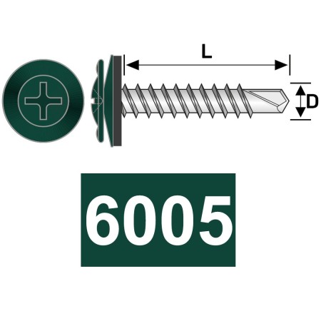 Surub autoforant 4.2 x 16 mm, cap plat cu saiba EPDM Ø 14 mm, otel RAL 6005 verde muschi, 100 buc./cutie