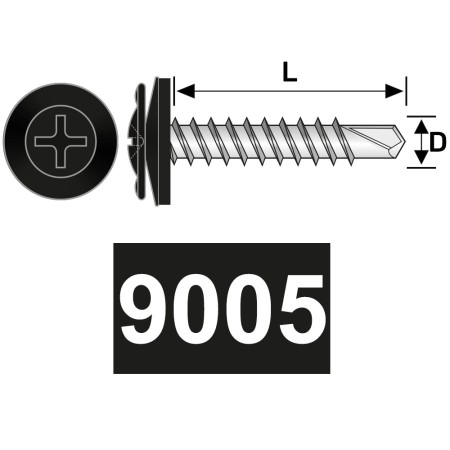 Surub autoforant 4.2 x 25 mm, cap plat cu saiba EPDM Ø 14 mm, otel RAL 9005 negru intens, 100 buc./cutie